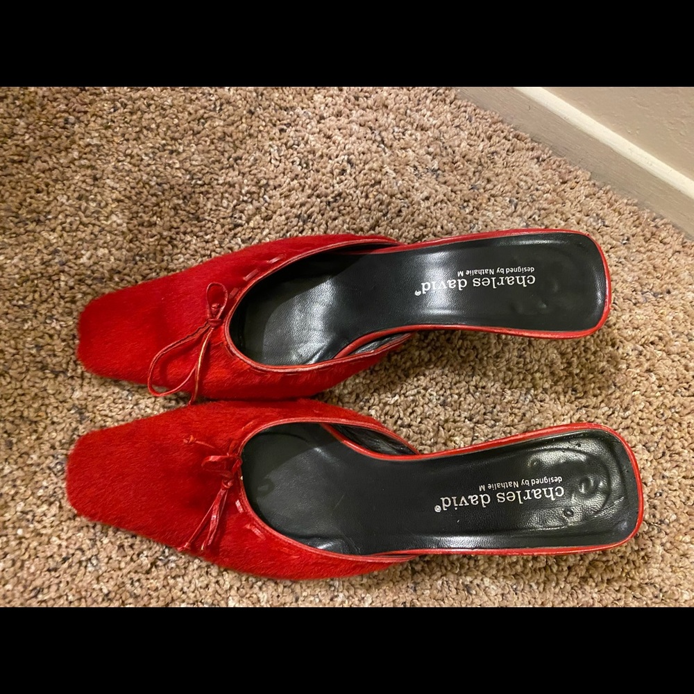 Charles David kitten heel red faux fur mules